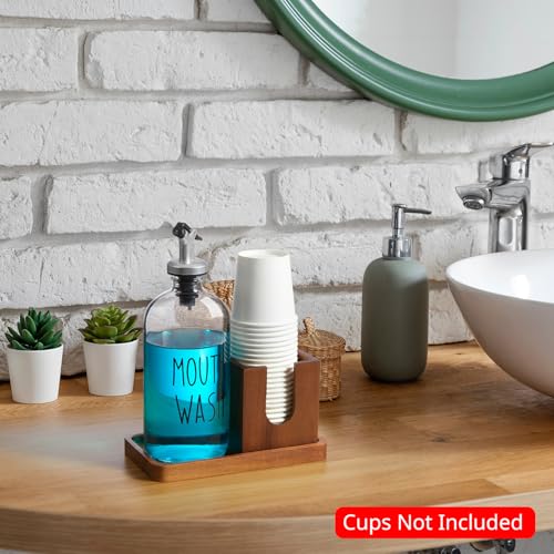 Bivvclaz Glass Mouthwash Dispenser for Bathroom 16 OZ Mouthwash Dispenser with Pour Spout and Acacia Wood Cup Holder and Tray Mouth Wash Bottle Container Farmhouse Kitchen Bathroom Decor and Accessories - Image 3