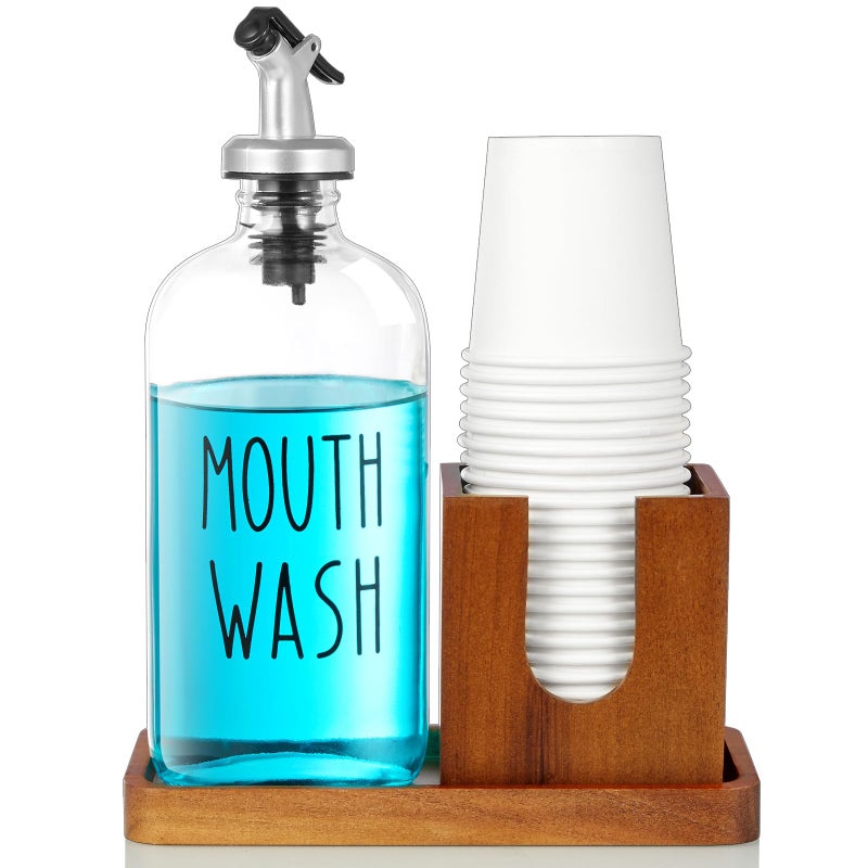 Bivvclaz Glass Mouthwash Dispenser for Bathroom 16 OZ Mouthwash Dispenser with Pour Spout and Acacia Wood Cup Holder and Tray Mouth Wash Bottle Container Farmhouse Kitchen Bathroom Decor and Accessories - Image 2