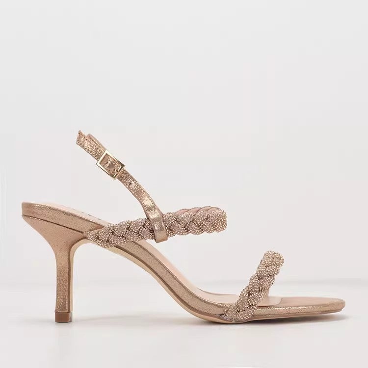 Champagne Gold One-Strap Rhinestone High Heel Sandals - Image 1