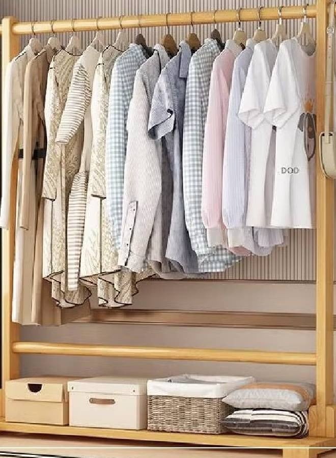 NKX Natural Wood Coat Rack Wide with Side Hook & Thick Rod Minimalist Clothes Organizer with Bottom Shelf Storage Size 120cm 163cm 40cm - Image 1