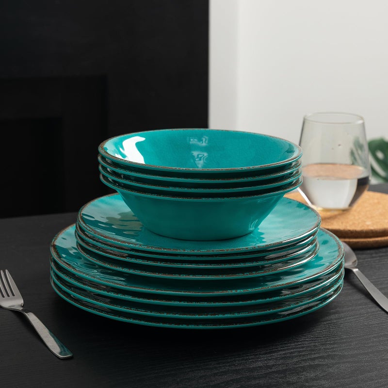 LEHAHA Rustic Melamine Dinnerware Sets, 12-piece Dishes Plastic Dinnerware Set for 4, Break-resistant Plates and Bowls Set, Outdoor Casual & Party Use Kitchen Dishes Set, Tealâ€¦ - Image 4