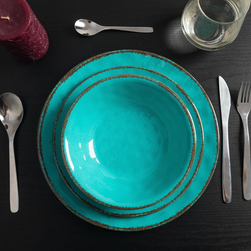 LEHAHA Rustic Melamine Dinnerware Sets, 12-piece Dishes Plastic Dinnerware Set for 4, Break-resistant Plates and Bowls Set, Outdoor Casual & Party Use Kitchen Dishes Set, Tealâ€¦ - Image 1