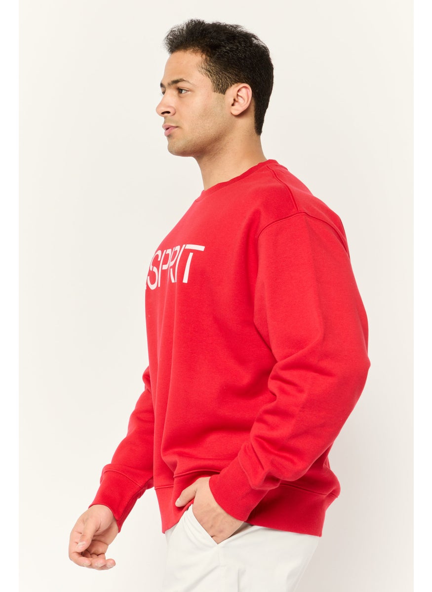 ESPRIT - Men Ribbed Collar Long Sleeves Brand Logo Sweatshirts, Red - Image 1