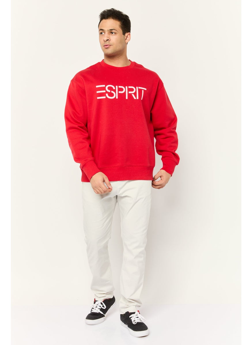 ESPRIT - Men Ribbed Collar Long Sleeves Brand Logo Sweatshirts, Red - Image 1