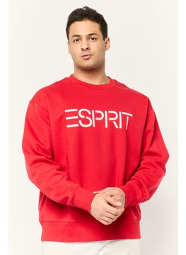 Men Ribbed Collar Long Sleeves Brand Logo Sweatshirts, Red