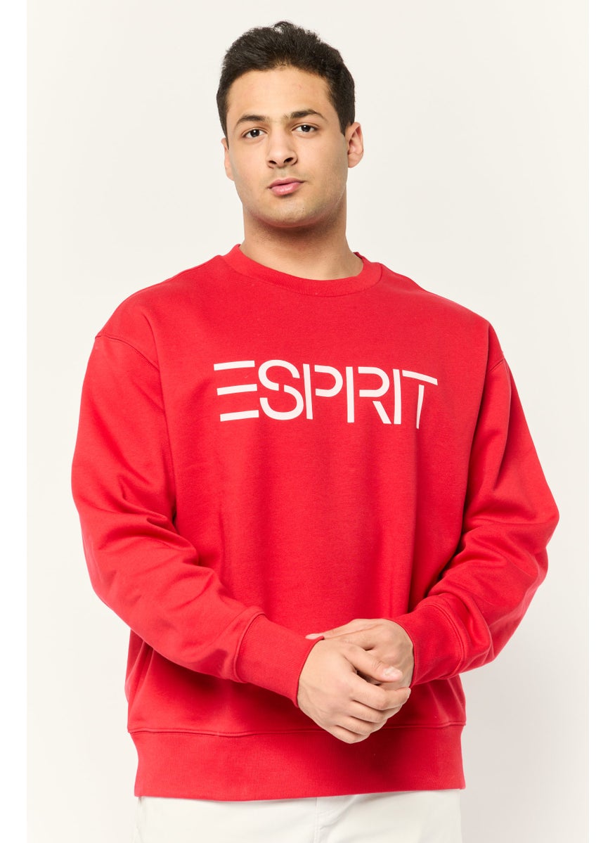 ESPRIT - Men Ribbed Collar Long Sleeves Brand Logo Sweatshirts, Red - Image 1