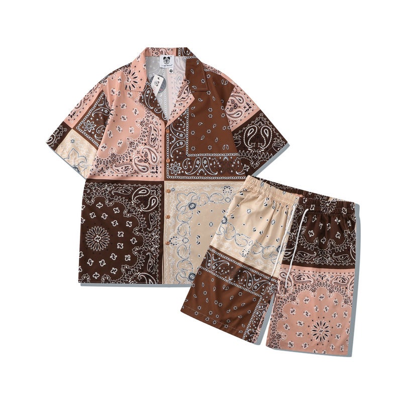 Men's Casual Beach Shirt and Shorts Set with Digital Print Patchwork - Image 2