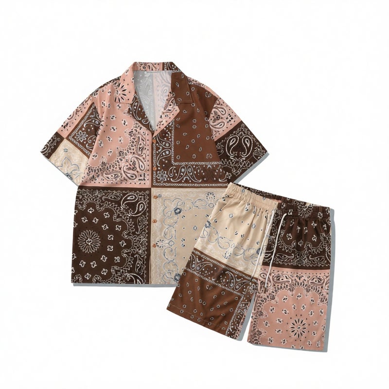 Men's Casual Beach Shirt and Shorts Set with Digital Print Patchwork - Image 1