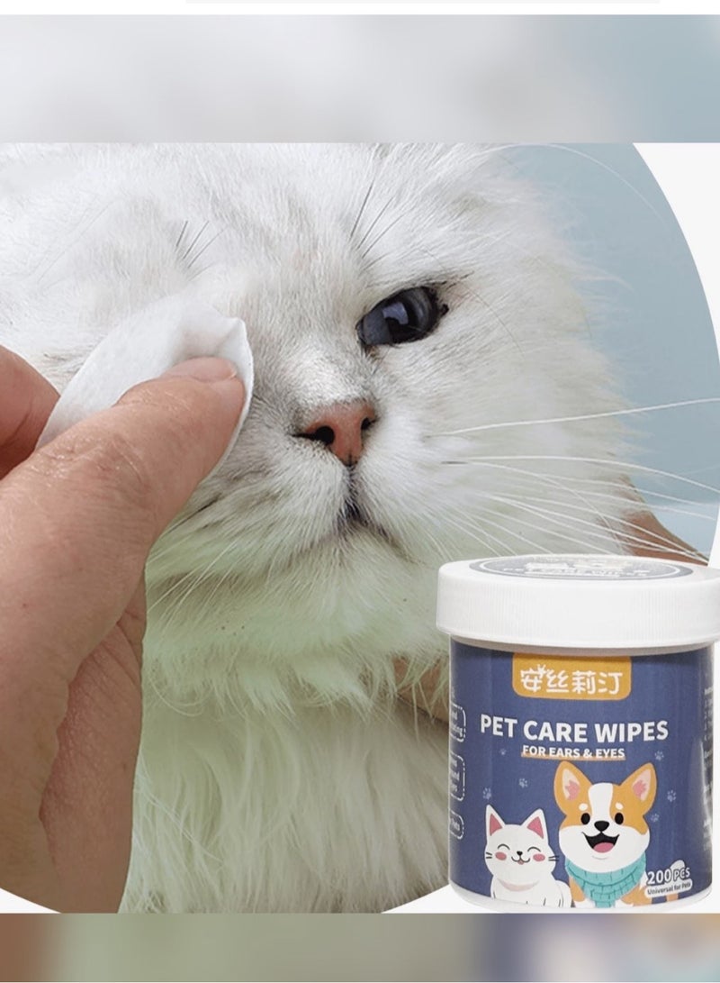 مناديل تنظيف عيون وأذن الحيوانات الأليفة ، التركيبة لطيفة لإزالة بقع الدموع للقطط والكلاب ، العلبة تحتوي على 200 قطعة - Image 1