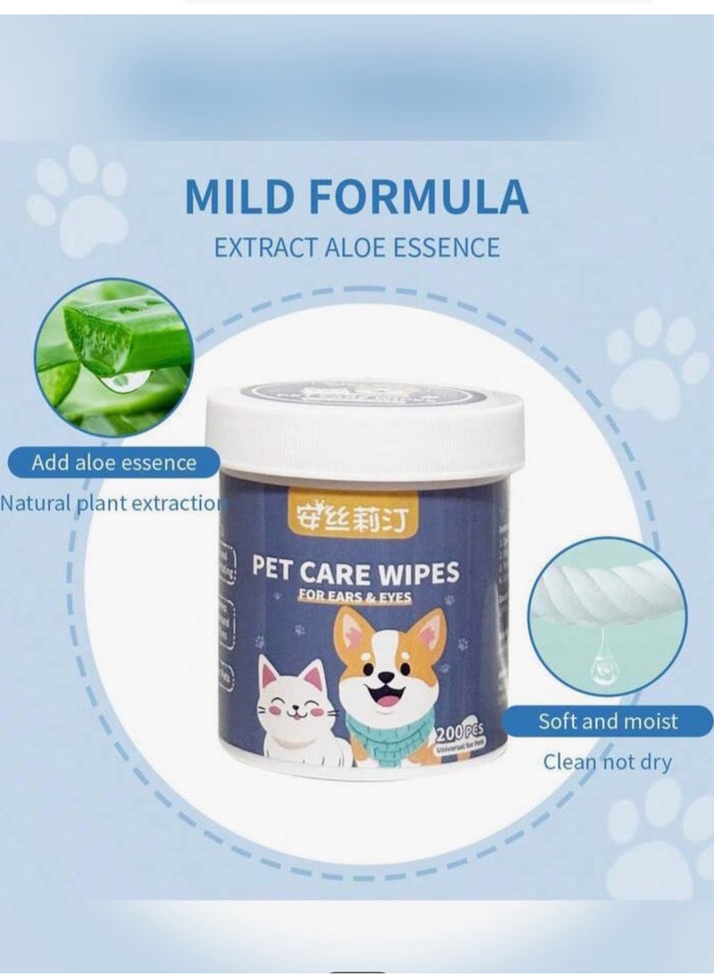 مناديل تنظيف عيون وأذن الحيوانات الأليفة ، التركيبة لطيفة لإزالة بقع الدموع للقطط والكلاب ، العلبة تحتوي على 200 قطعة - Image 3