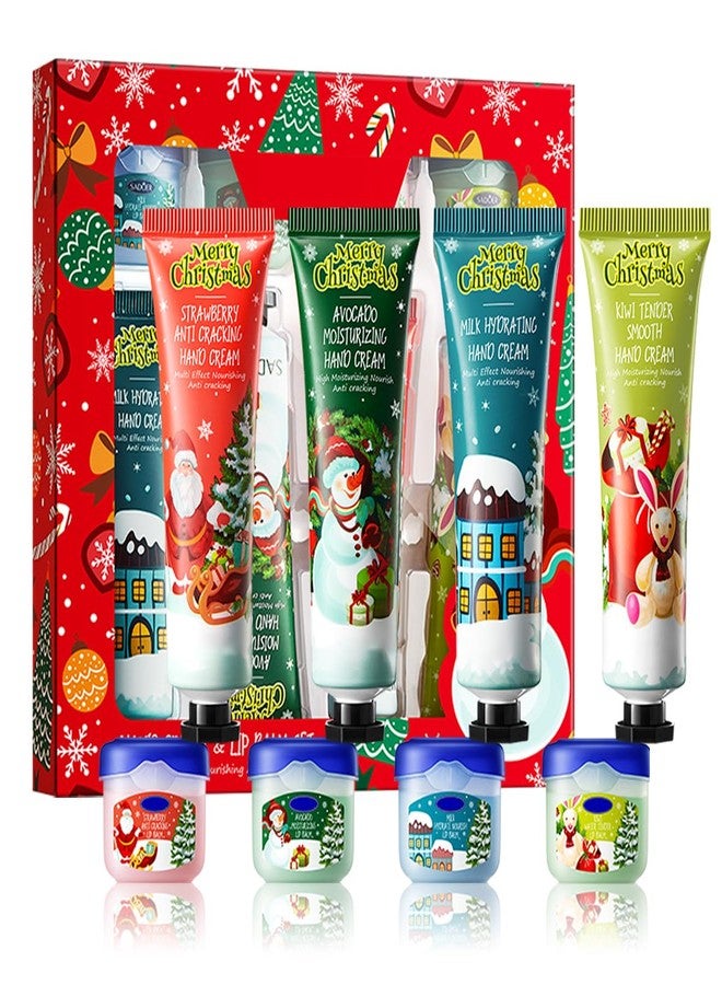 Tiejdhr 8Pcs Christmas Hand Cream & Lip Mask Gift Set, Holiday Collection with Strawberry Avocado Milk Kiwi Moisturizing Formulas, Anti-Cracking Treatment for Dry Skin Deep Moisture, Moisturize Lips - Image 1