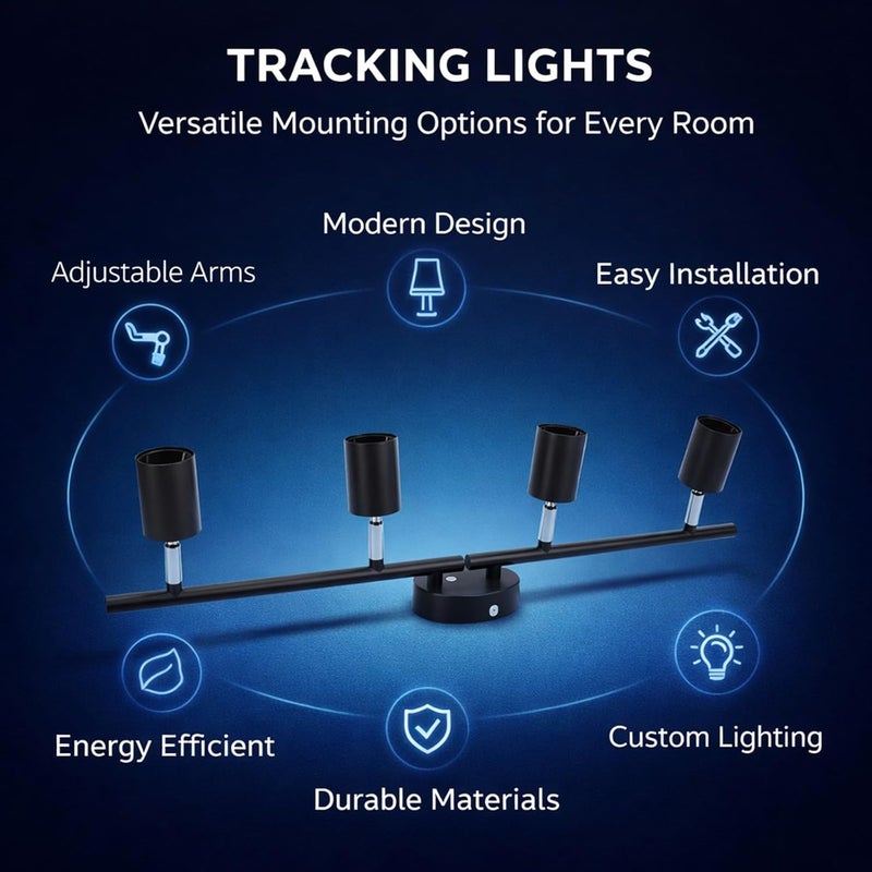 Tracking Lights Ceiling LED 4 Light 60W Matte Black Adjustable Angle Foldable - Metal Construction, Flexible Rotation, Ideal for Bedroom and Hotel Lighting - Image 2
