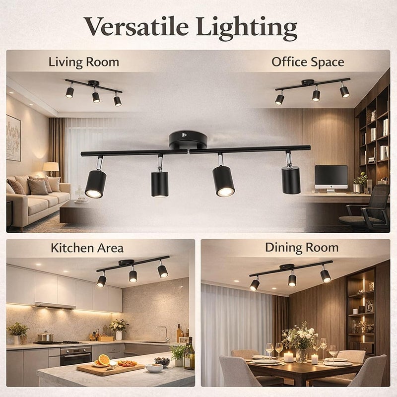 Tracking Lights Ceiling LED 4 Light 60W Matte Black Adjustable Angle Foldable - Metal Construction, Flexible Rotation, Ideal for Bedroom and Hotel Lighting - Image 3