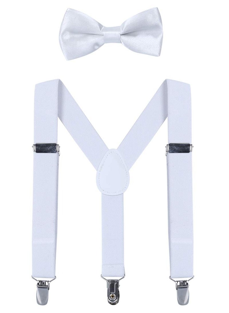 S SYMEFER - S SYMEFER Y Shaped Suspender With Bow Ties Set for Child Kids, One Size Fully Adjustable Suspenders Braces Bowtie Set Gift Idea For Kids Boys And Girls-White - Image 1