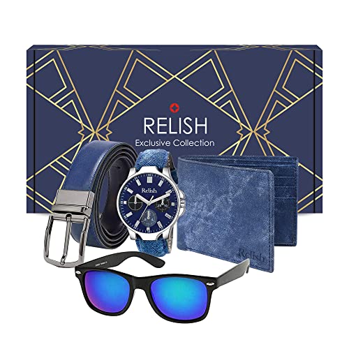 Relish Rubber Men's Denim Collection Analog Watch, Belt, Sunglasses & Wallet Pack, Blue - Image 1
