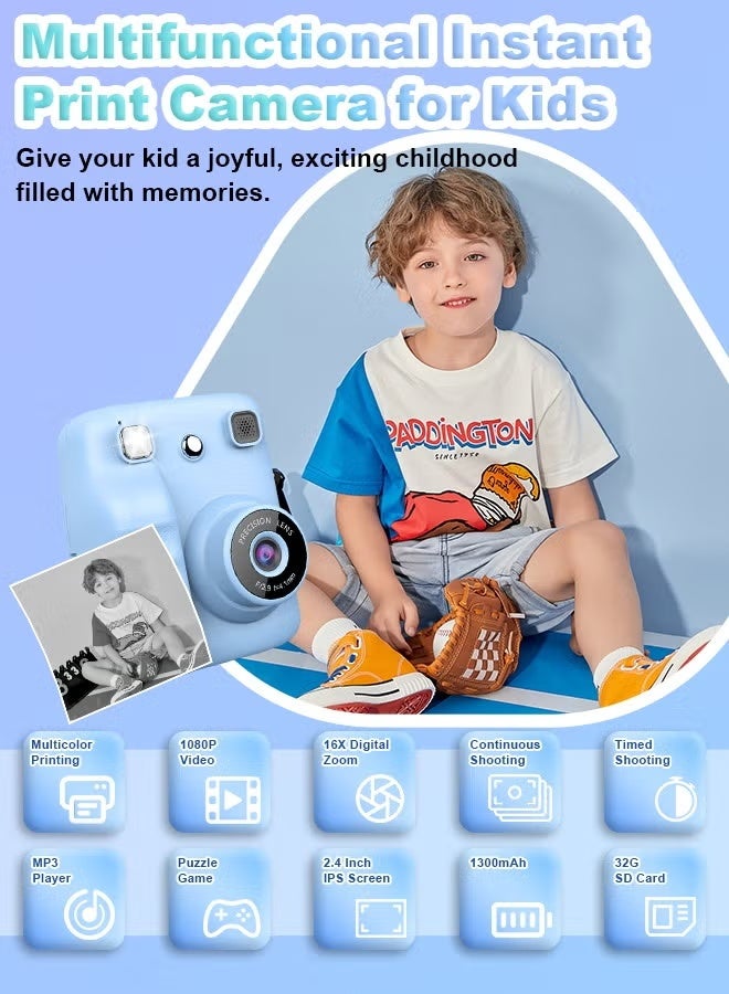 ZONBON Kids Camera Instant Print, Mini Children's DIY Camera, Printing 1080P HD Selfie, Shockproof Video Camcorder with 4 Roll No-Ink Print Paper, 1300mAh Battery, 2.4"IPS LCD Screen, 32G SD Card, Birthday Festival Gifts for Boys and Girls Age 3-12 Years Old - Image 2