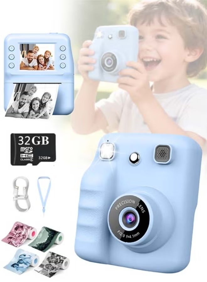 Kids Camera Instant Print, Mini Children's DIY Camera, Printing 1080P HD Selfie, Shockproof Video Camcorder with 4 Roll No-Ink Print Paper, 1300mAh Battery, 2.4"IPS LCD Screen, 32G SD Card, Birthday Festival Gifts for Boys and Girls Age 3-12 Years Old
