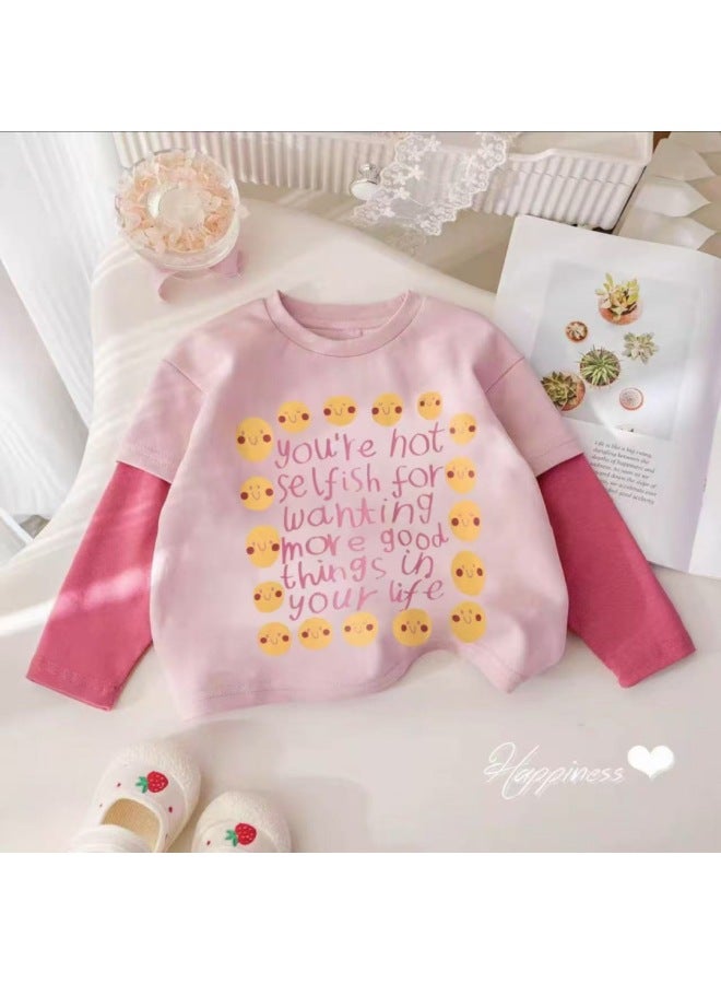 Pure Cotton Girls' Fake Two-piece Long Sleeve T-shirt New Spring/autumn Style Cartoon Color-blocking Base Layer Fashion Autumn Outfit Children's Top