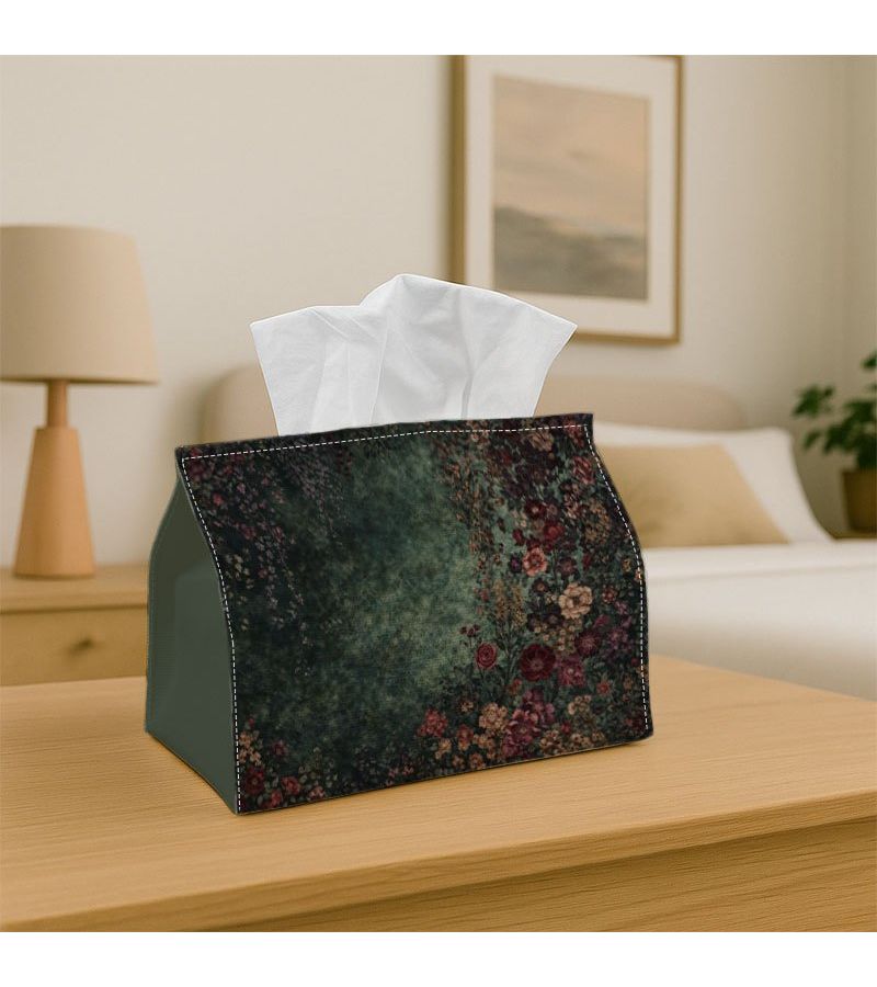 صندوق مناديل مزخرف بزهور داكنة 18×11×13 سم للمنزل والمطبخ والحمام - Image 1