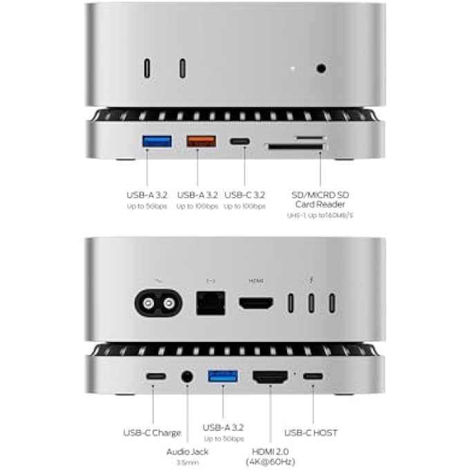 rayihni MAC MINI M4 DOCK, ALUMINUM MAC MINI STAND AND HDMI HUB FOR MAC MINI M4 AND M4 PRO 2024 WITH M.2 NVME/SATA SSD ENCLOSURE, 4K60HZ HDMI,10G USB A/C, 5G USB A*2, USB-C CHARGE, SD/TF, AUDIO - Image 2