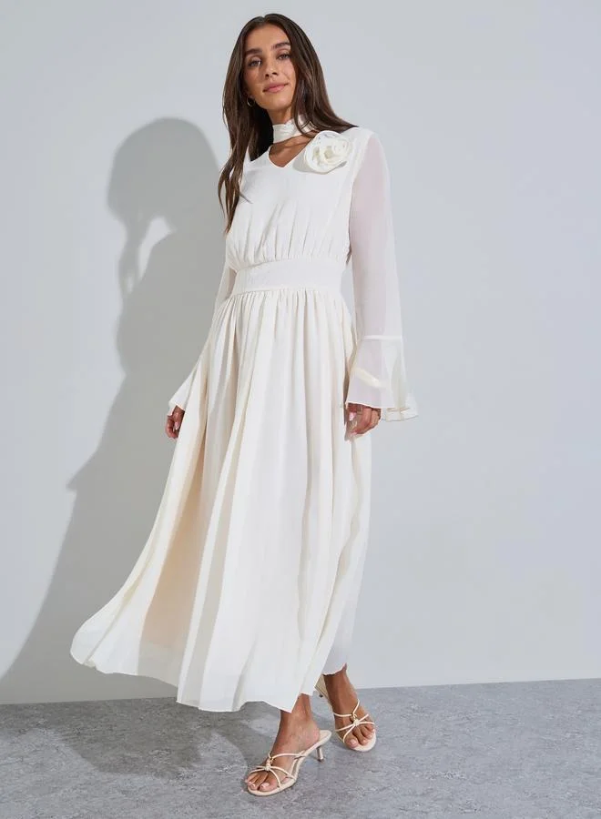 Styli  Beige Corsage Detail Midi Dress with Bell Sleeves for Women | Best Price UAE
