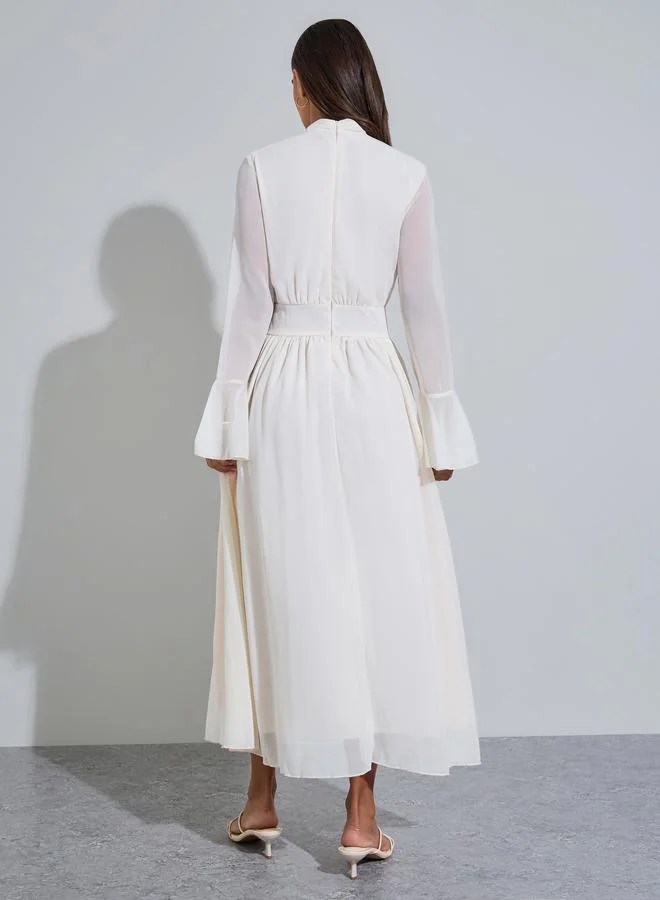 Styli  Beige Corsage Detail Midi Dress with Bell Sleeves for Women | Best Price UAE