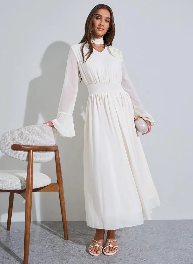 Beige Corsage Detail Midi Dress with Bell Sleeves