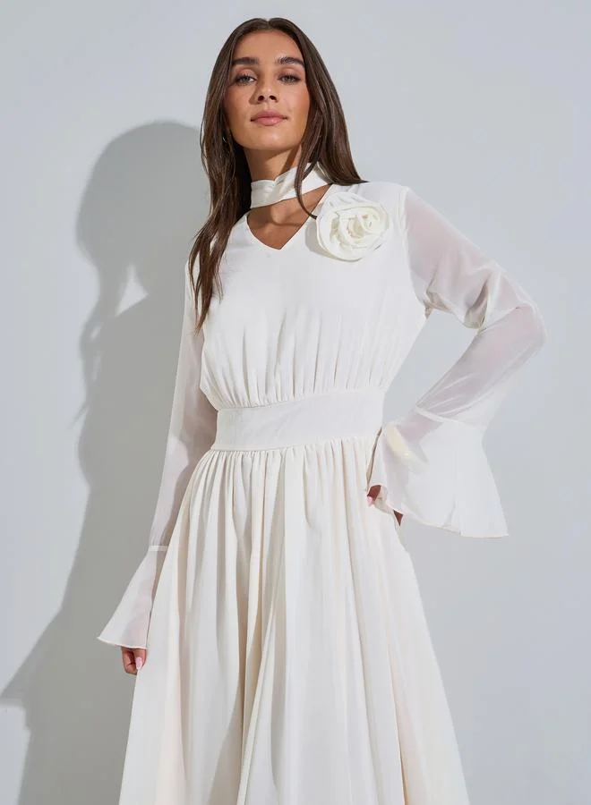 Styli  Beige Corsage Detail Midi Dress with Bell Sleeves for Women | Best Price UAE