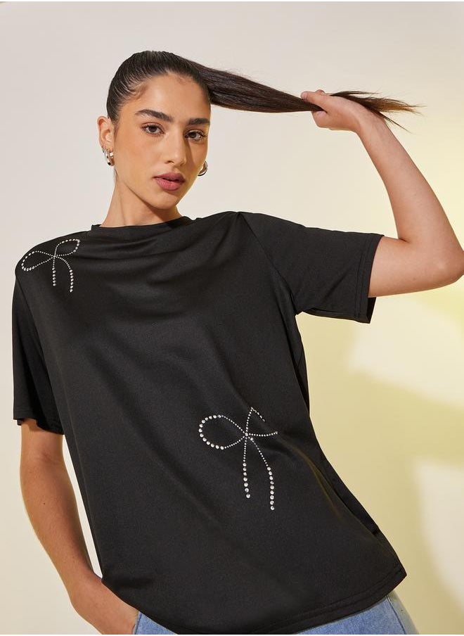 Take Two Women Black Studded Bow Detail Regular Fit T-Shirt  - Image 1