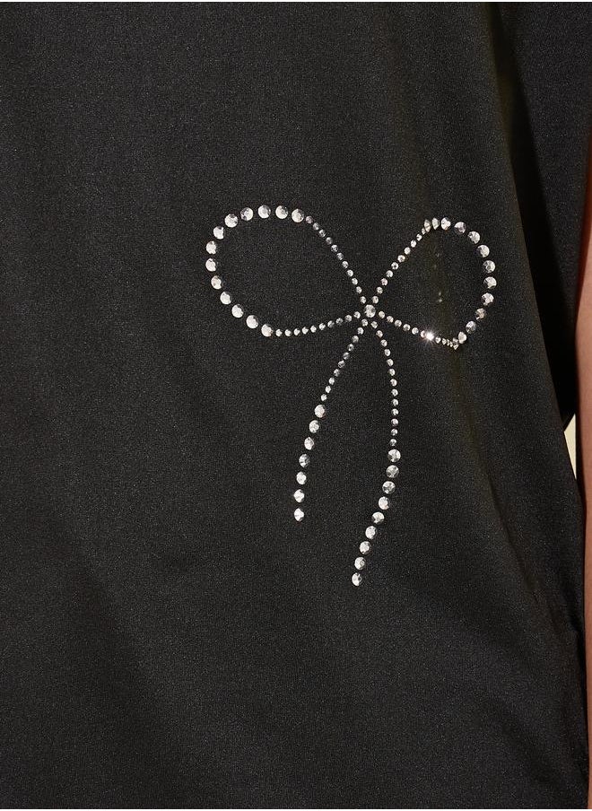 Take Two Women Black Studded Bow Detail Regular Fit T-Shirt  - Image 3