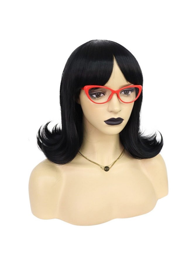 JoneTing - Short Black Flip Wig For Women+(1 Wig Cap+1 Red Glasses) Short Bob Wig Black Synthetic Hair Wig For Costume Halloween Party Cosplay - Image 1