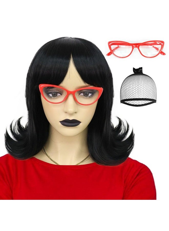 JoneTing - Short Black Flip Wig For Women+(1 Wig Cap+1 Red Glasses) Short Bob Wig Black Synthetic Hair Wig For Costume Halloween Party Cosplay - Image 1