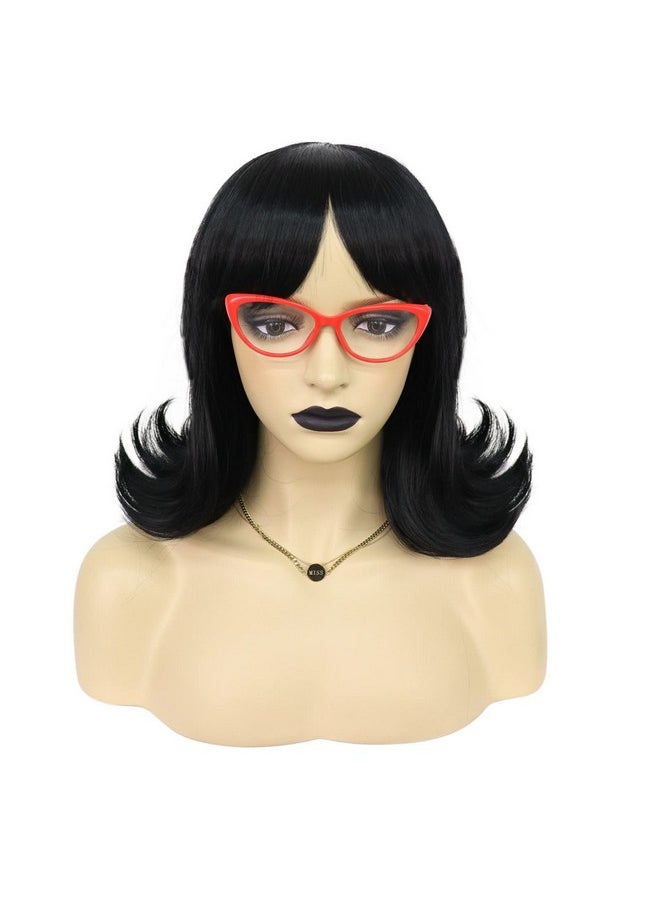 JoneTing - Short Black Flip Wig For Women+(1 Wig Cap+1 Red Glasses) Short Bob Wig Black Synthetic Hair Wig For Costume Halloween Party Cosplay - Image 1