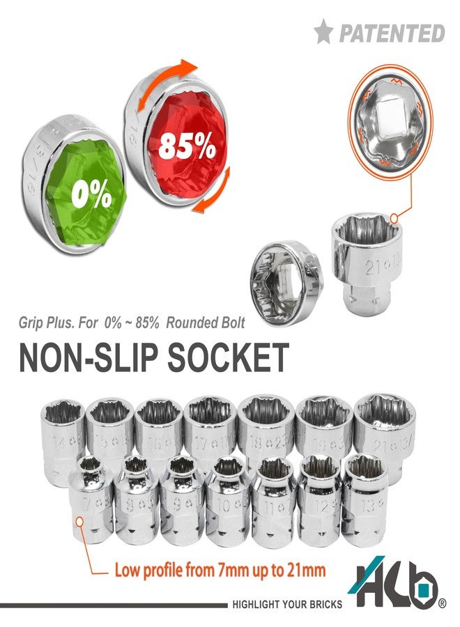 HB 57-Piece Socket Set AGX004-U, Pass-Thru Low Profile 120-Tooth Ratchet Wrench with Non-Slip Sockets, Metric SAE E-Torx Compatible, Chrome Vanadium Steel, Portable EVA Case, Made in Taiwan - Image 5