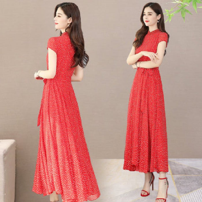2021 Summer Womens Mom Dress Temperament Large Swing Short Sleeve Long Skirt Chiffon Polka Dot Beach Skirt Dropshipping Red