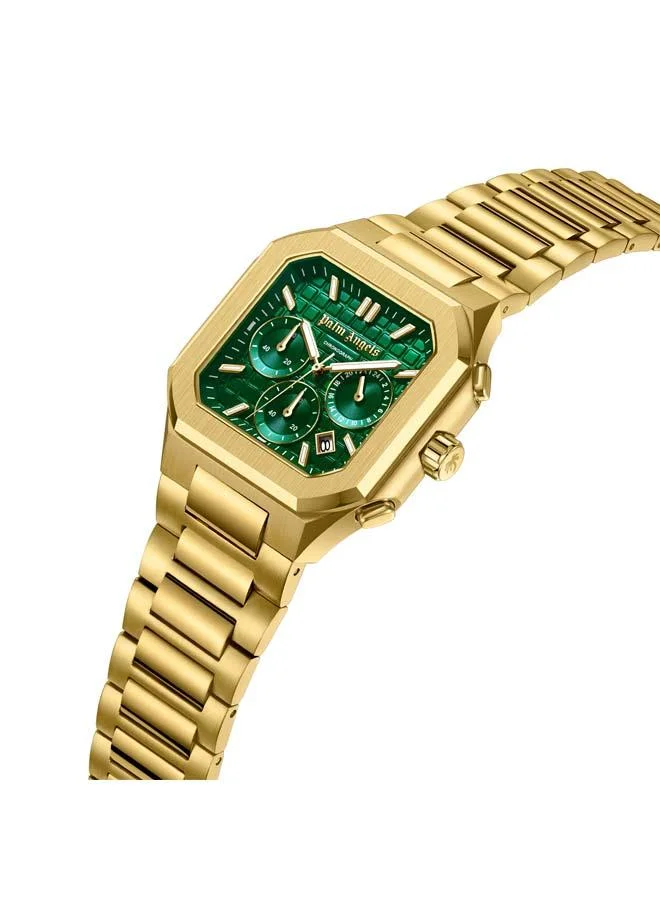 Palm Angels Forte Green Dial Gold Stainless Steel Bracelet Dual Time Watch for Men, 43mm