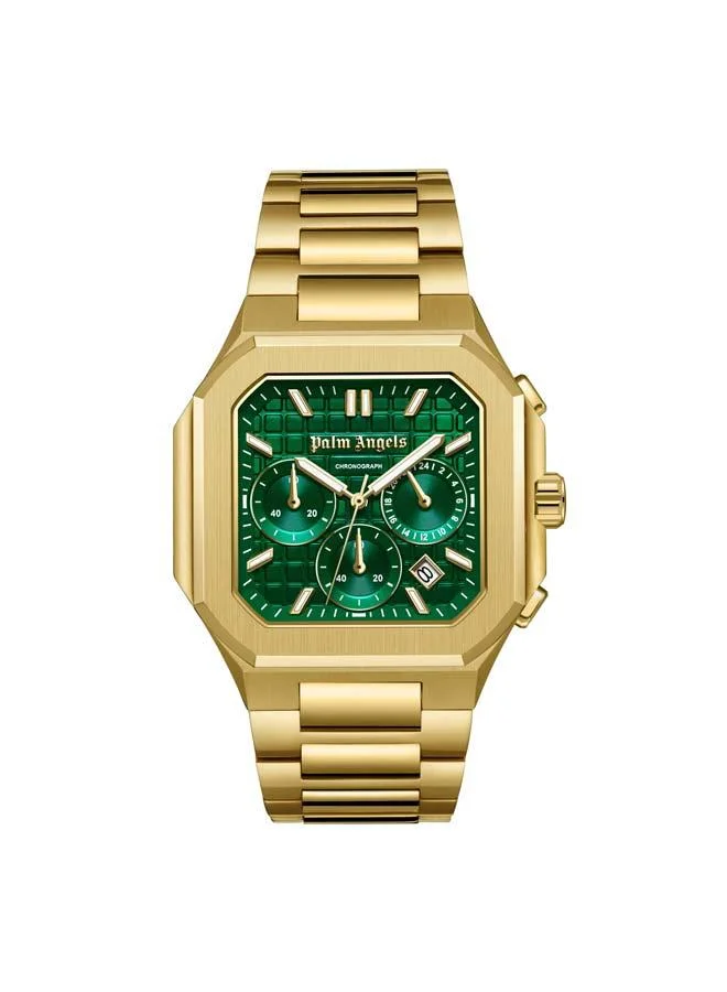 Palm Angels Forte Green Dial Gold Stainless Steel Bracelet Dual Time Watch for Men, 43mm