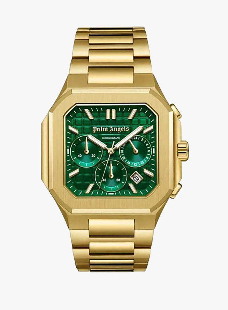Palm Angels Forte Green Dial Gold Stainless Steel Bracelet Dual Time Watch for Men, 43mm