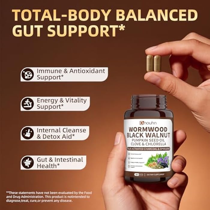 Wormwood Black Walnut Clove Parasite Cleanse for Humans Capsules – Natural Gut Detox & Digestive Health with Pumpkin Seeds Garlic Oregano Turmeric, Vegan 60 Counts - Image 5