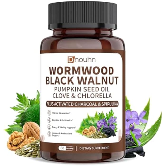 Wormwood Black Walnut Clove Parasite Cleanse for Humans Capsules – Natural Gut Detox & Digestive Health with Pumpkin Seeds Garlic Oregano Turmeric, Vegan 60 Counts - Image 1