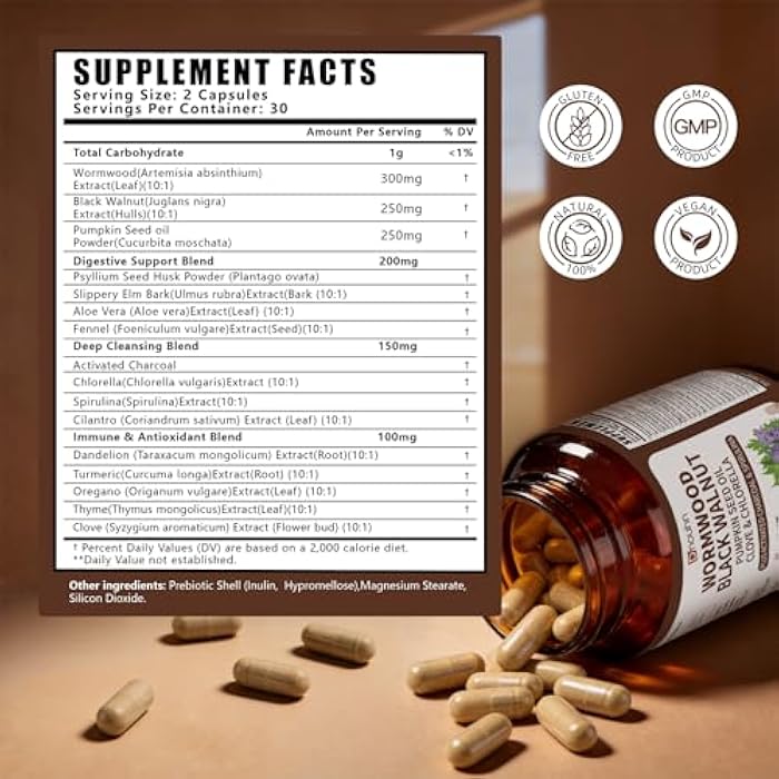 Wormwood Black Walnut Clove Parasite Cleanse for Humans Capsules – Natural Gut Detox & Digestive Health with Pumpkin Seeds Garlic Oregano Turmeric, Vegan 60 Counts - Image 2