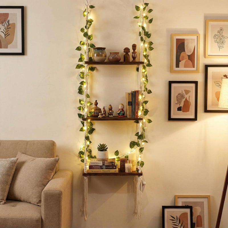 Novabright 3-Tier Boho Wall Hanging Shelves with LED Lights and Green Leaves, Irregular Edge, Floating Wall Shelf for Bedroom Art, Wooden Hanging Floating Storage Shelves Room Decor - Image 1