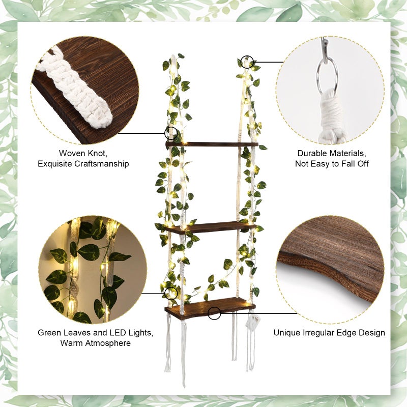 Novabright 3-Tier Boho Wall Hanging Shelves with LED Lights and Green Leaves, Irregular Edge, Floating Wall Shelf for Bedroom Art, Wooden Hanging Floating Storage Shelves Room Decor - Image 3