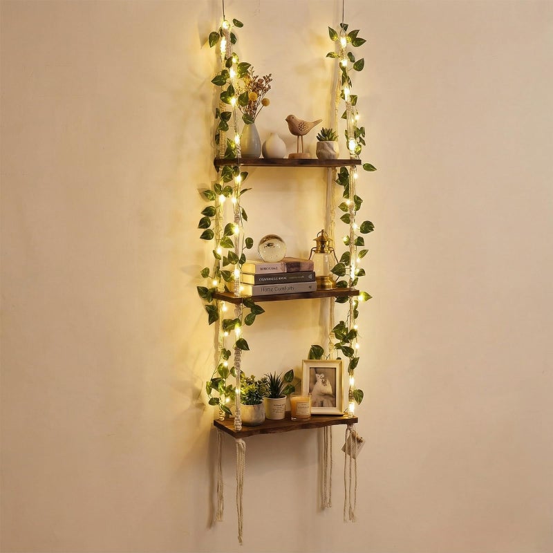 Novabright 3-Tier Boho Wall Hanging Shelves with LED Lights and Green Leaves, Irregular Edge, Floating Wall Shelf for Bedroom Art, Wooden Hanging Floating Storage Shelves Room Decor - Image 4