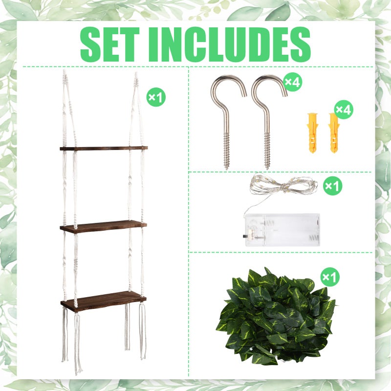 Novabright 3-Tier Boho Wall Hanging Shelves with LED Lights and Green Leaves, Irregular Edge, Floating Wall Shelf for Bedroom Art, Wooden Hanging Floating Storage Shelves Room Decor - Image 5
