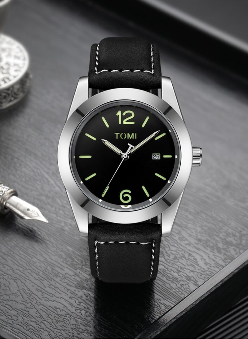 TOMI Watch With Black Leather Strap For Unisex-Displaying The Date And Day on a Daily Basis