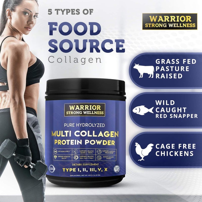 Warrior Strong Wellness Pure Hydrolyzed Multi Collagen Protein Powder Collagen Powder Boost Energy for Aging Skin Elasticity Hair  Nails Growth Support Joint Health Unflavored - Image 5