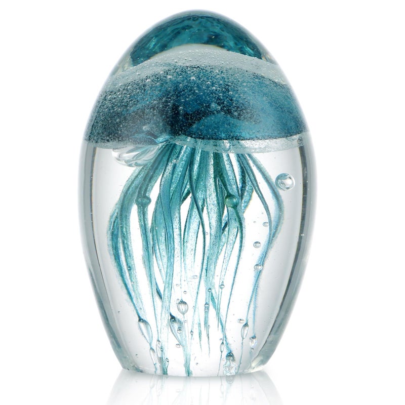 Sanbege Hand Blown Glass Jellyfish Figurine, Glow in The Dark Paperweight, Collectible Sea Creature Statue Decor for Home, Office, Party Decoration and Gift (Turquoise) - Image 1