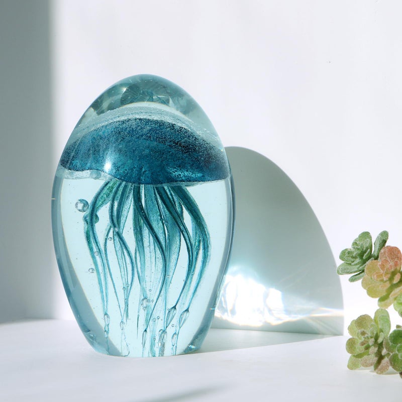 Sanbege Hand Blown Glass Jellyfish Figurine, Glow in The Dark Paperweight, Collectible Sea Creature Statue Decor for Home, Office, Party Decoration and Gift (Turquoise) - Image 3