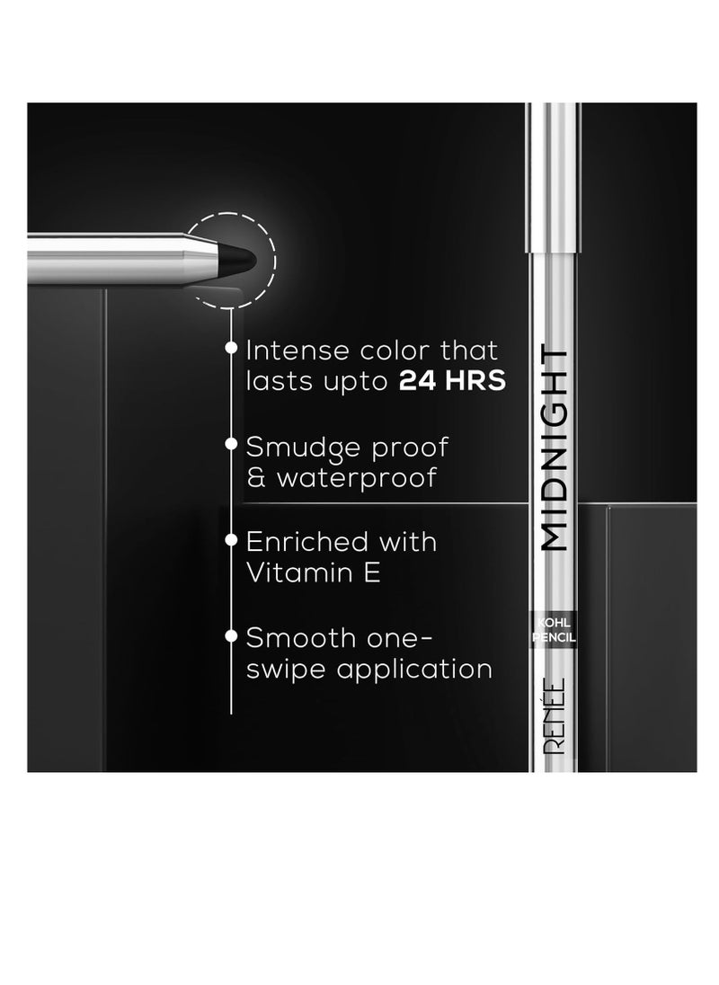 Renee - RENEE Midnight Kohl Pencil   Smudgeproof and Waterproof Kajal  24 Hrs Long Stay   Darkest Black   One Swipe Application Rich Color Payoff  Vitamin E  Olive Oil and Castor Oil   1.5 Gm - Image 1